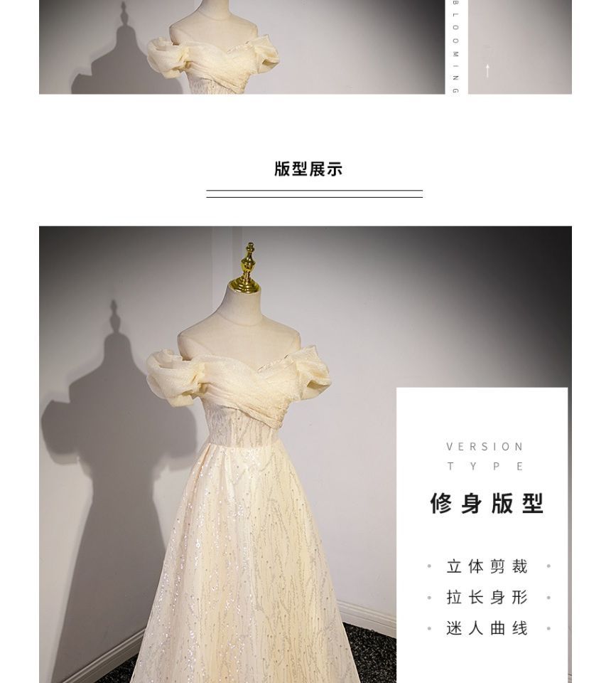 Shoulder Sequin Ruched Plain Off Mesh A-Line Evening Gown Short-Sleeve