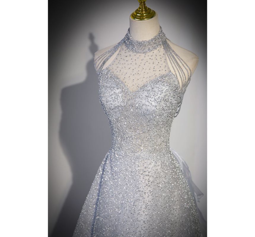 Evening Mesh Mock Beaded A-Line Gown Plain Neck Sleeveless