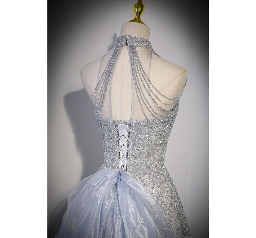 Evening Mesh Mock Beaded A-Line Gown Plain Neck Sleeveless