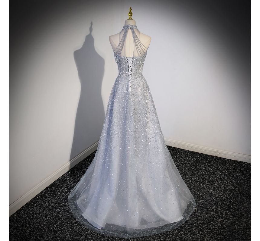 Evening Mesh Mock Beaded A-Line Gown Plain Neck Sleeveless