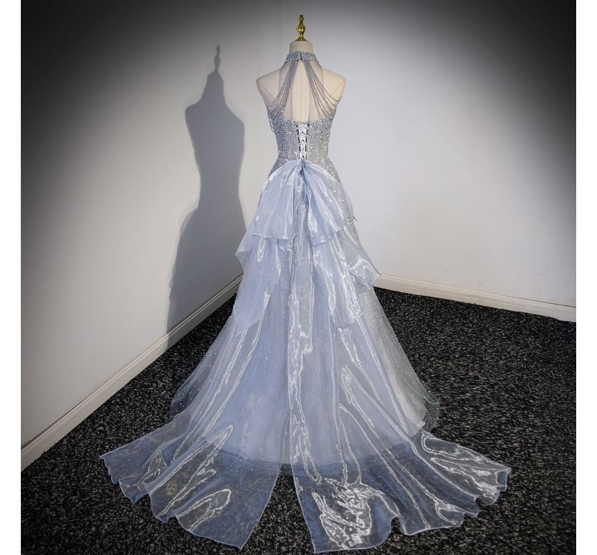 Evening Mesh Mock Beaded A-Line Gown Plain Neck Sleeveless