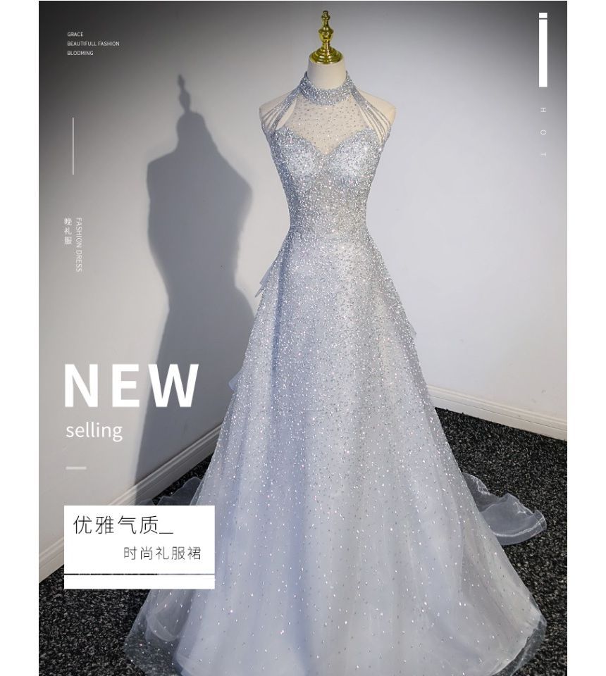 Evening Mesh Mock Beaded A-Line Gown Plain Neck Sleeveless