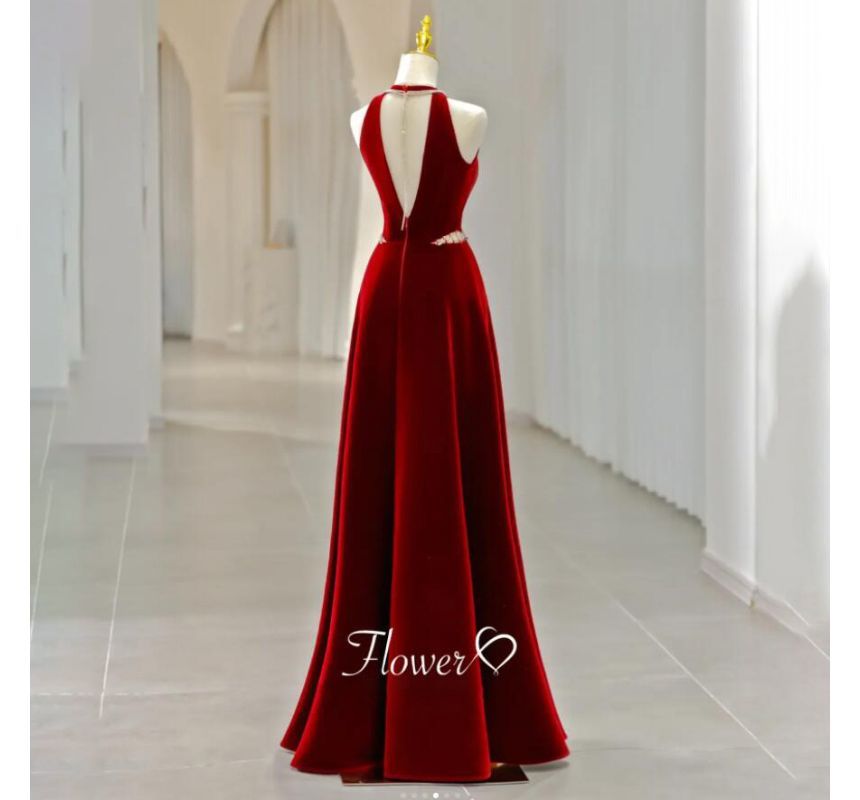 Rhinestone Plain Evening Velvet A-Line Neck Cutout Sleeveless Crew Gown