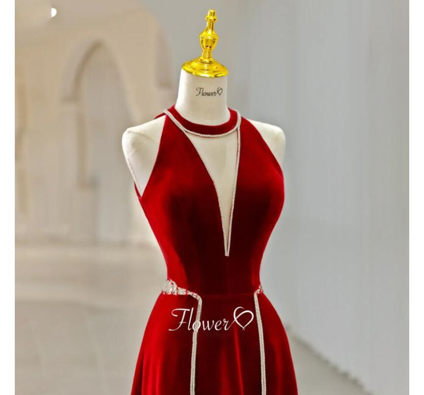 Rhinestone Plain Evening Velvet A-Line Neck Cutout Sleeveless Crew Gown