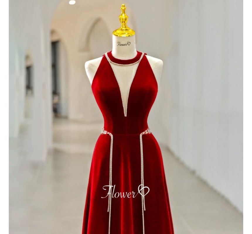 Rhinestone Plain Evening Velvet A-Line Neck Cutout Sleeveless Crew Gown