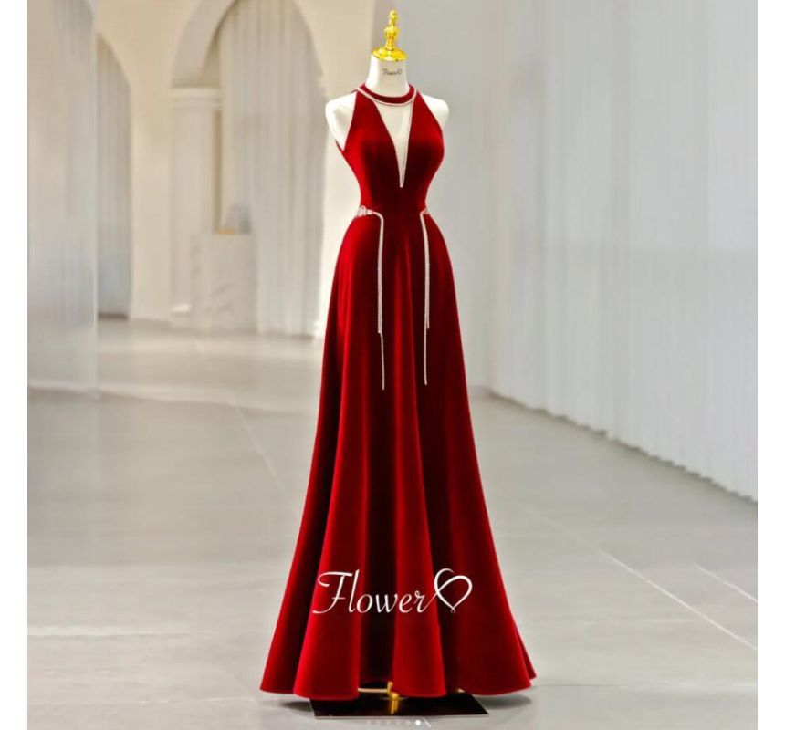 Rhinestone Plain Evening Velvet A-Line Neck Cutout Sleeveless Crew Gown
