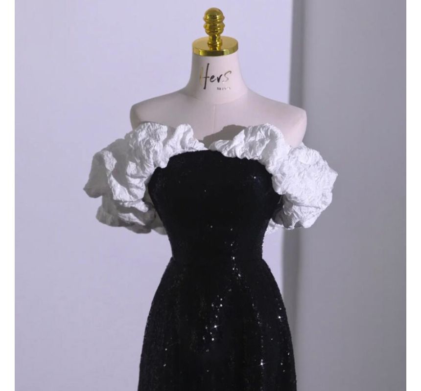 A-Line Bow Tube Gown Tone Evening Ruffle Two Short-Sleeve Sequin Off Shoulder