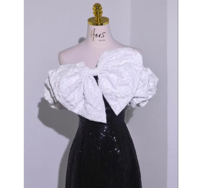 A-Line Bow Tube Gown Tone Evening Ruffle Two Short-Sleeve Sequin Off Shoulder