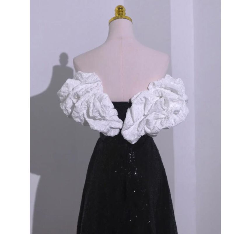 A-Line Bow Tube Gown Tone Evening Ruffle Two Short-Sleeve Sequin Off Shoulder