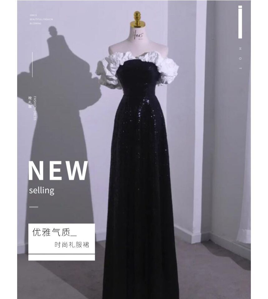 A-Line Bow Tube Gown Tone Evening Ruffle Two Short-Sleeve Sequin Off Shoulder