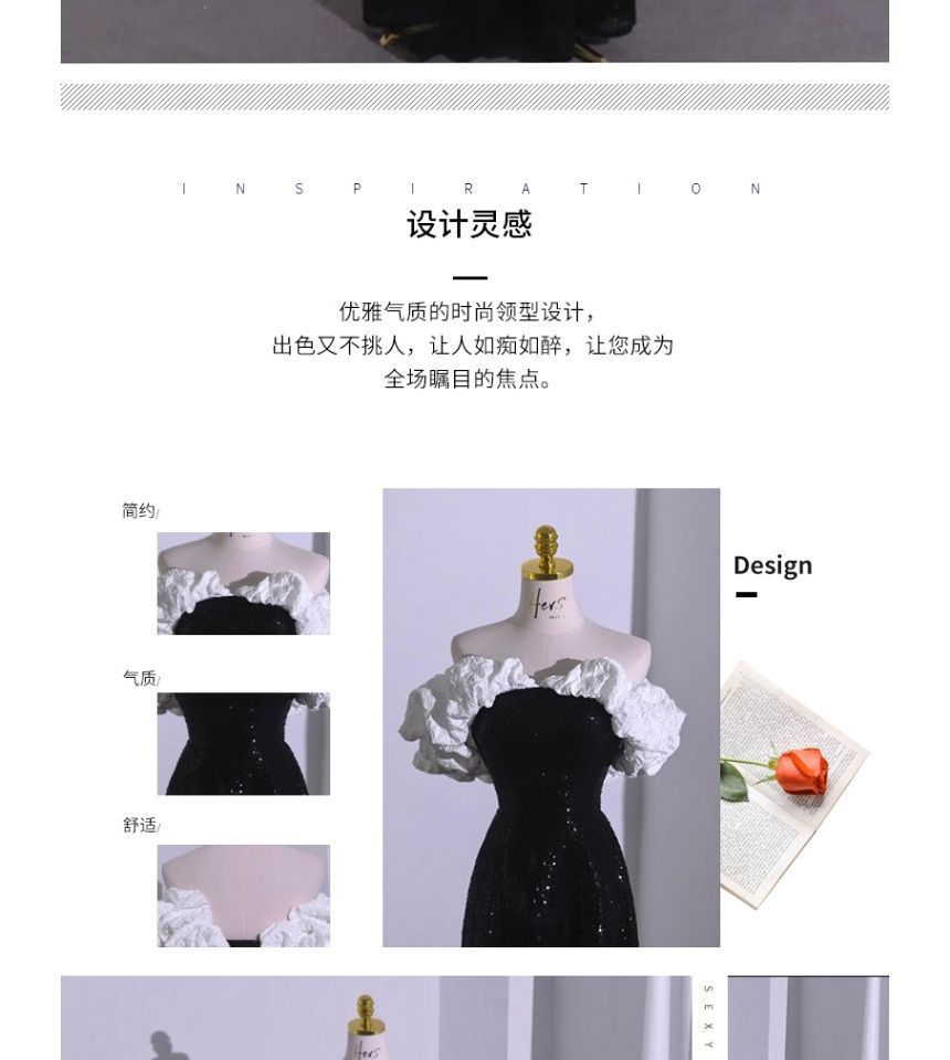 A-Line Bow Tube Gown Tone Evening Ruffle Two Short-Sleeve Sequin Off Shoulder