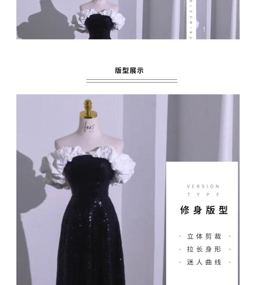 A-Line Bow Tube Gown Tone Evening Ruffle Two Short-Sleeve Sequin Off Shoulder