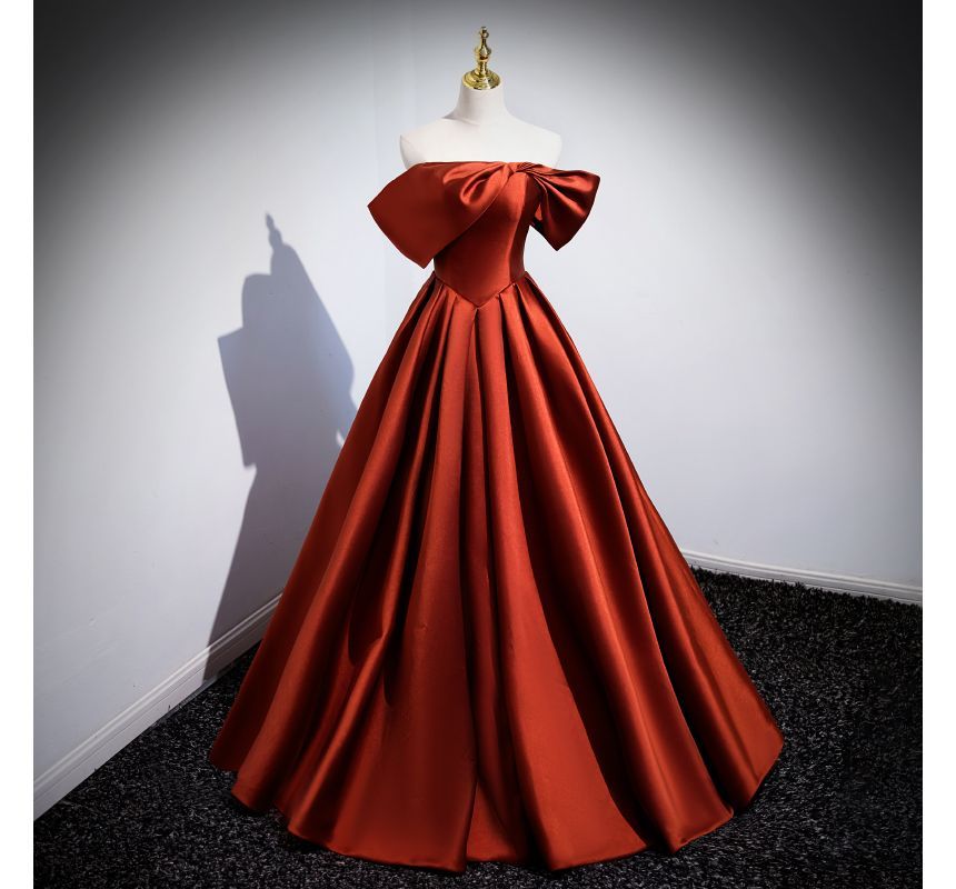 Gown Shoulder Evening Satin Pleated Short-Sleeve Off A-Line Plain