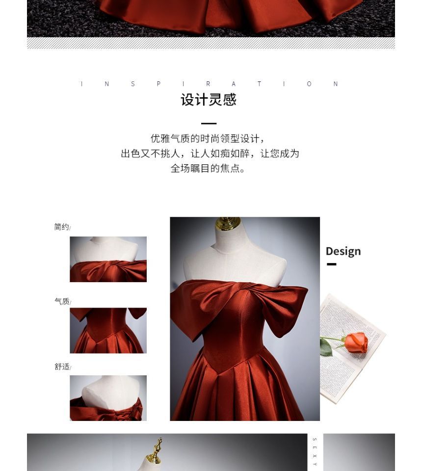 Gown Shoulder Evening Satin Pleated Short-Sleeve Off A-Line Plain