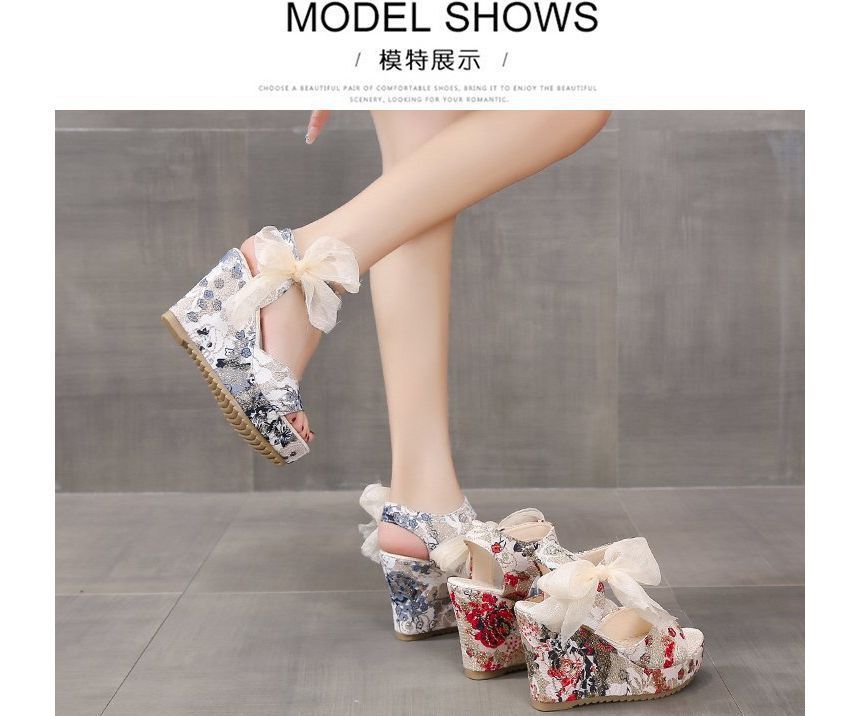 Floral Wedge Sandals Bow Platform Heel