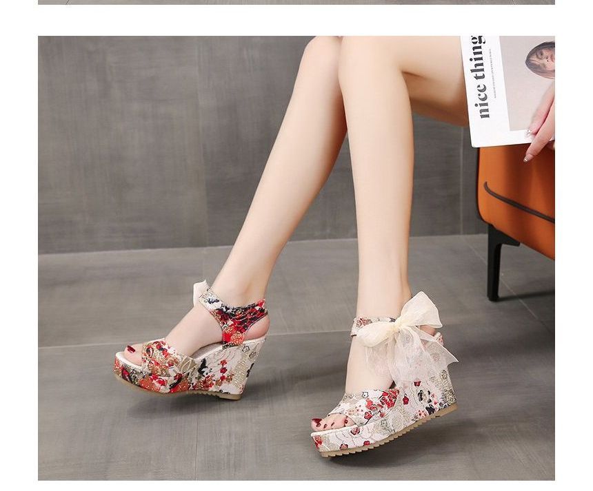 Floral Wedge Sandals Bow Platform Heel