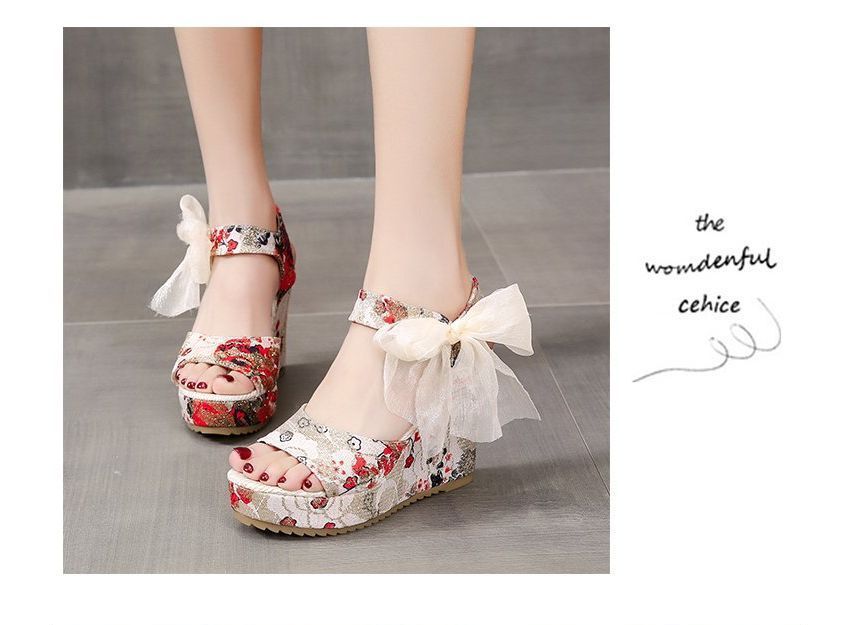 Floral Wedge Sandals Bow Platform Heel