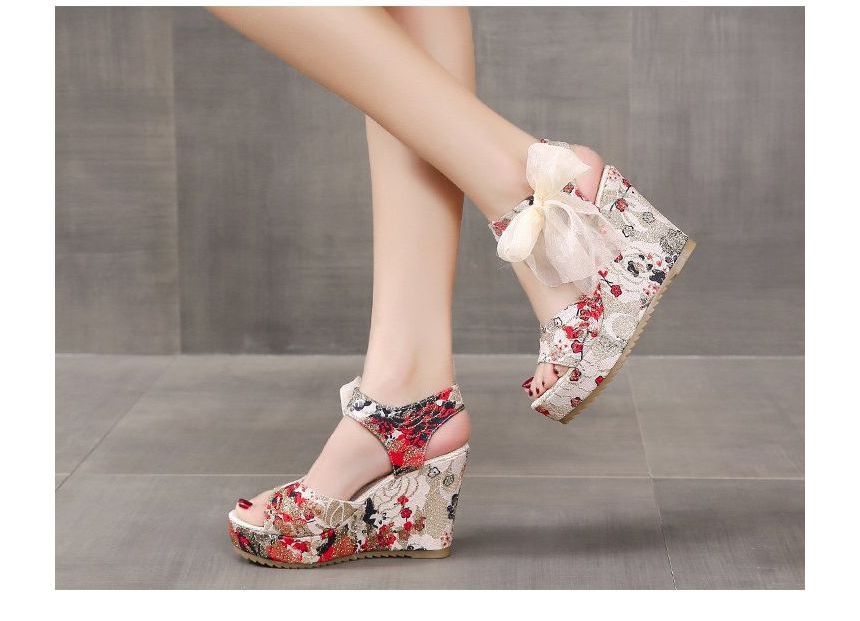 Floral Wedge Sandals Bow Platform Heel