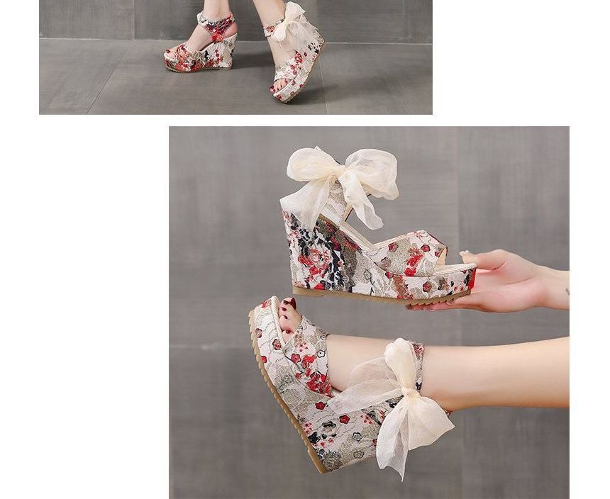 Floral Wedge Sandals Bow Platform Heel