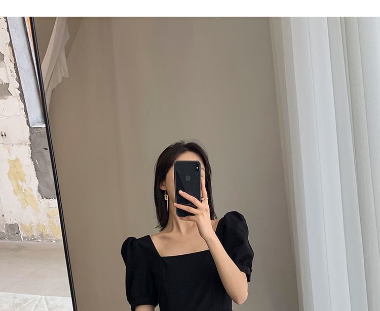 Neck Dress Short-Sleeve Square A-Line Plain Midi