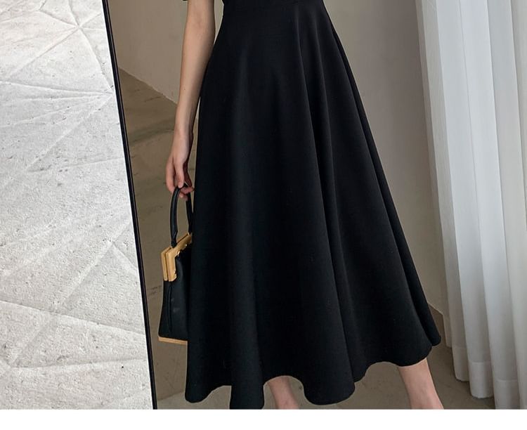 Neck Dress Short-Sleeve Square A-Line Plain Midi