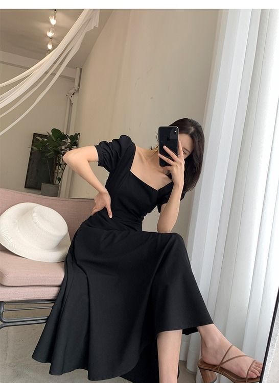 Neck Dress Short-Sleeve Square A-Line Plain Midi