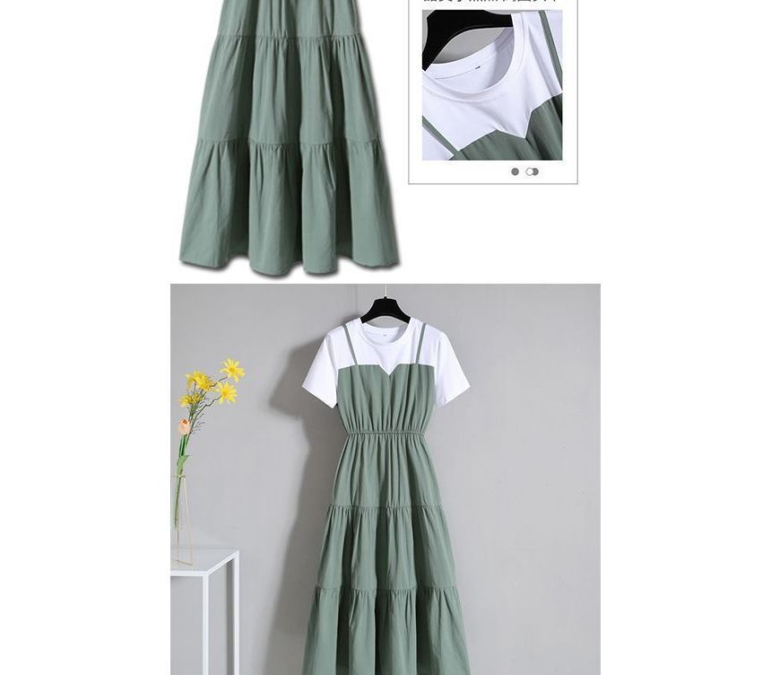 Midi Short-Sleeve Two-Piece Mock A-Line Tiered Dress Neck Crew