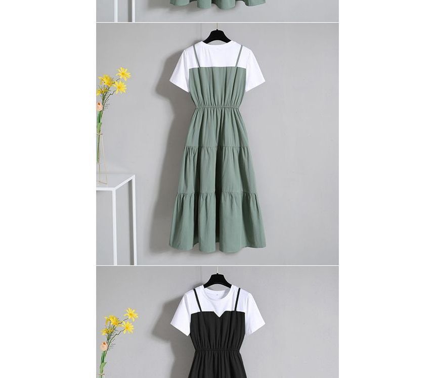 Midi Short-Sleeve Two-Piece Mock A-Line Tiered Dress Neck Crew