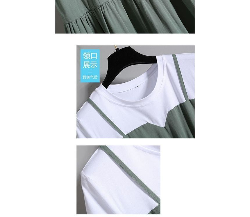 Midi Short-Sleeve Two-Piece Mock A-Line Tiered Dress Neck Crew