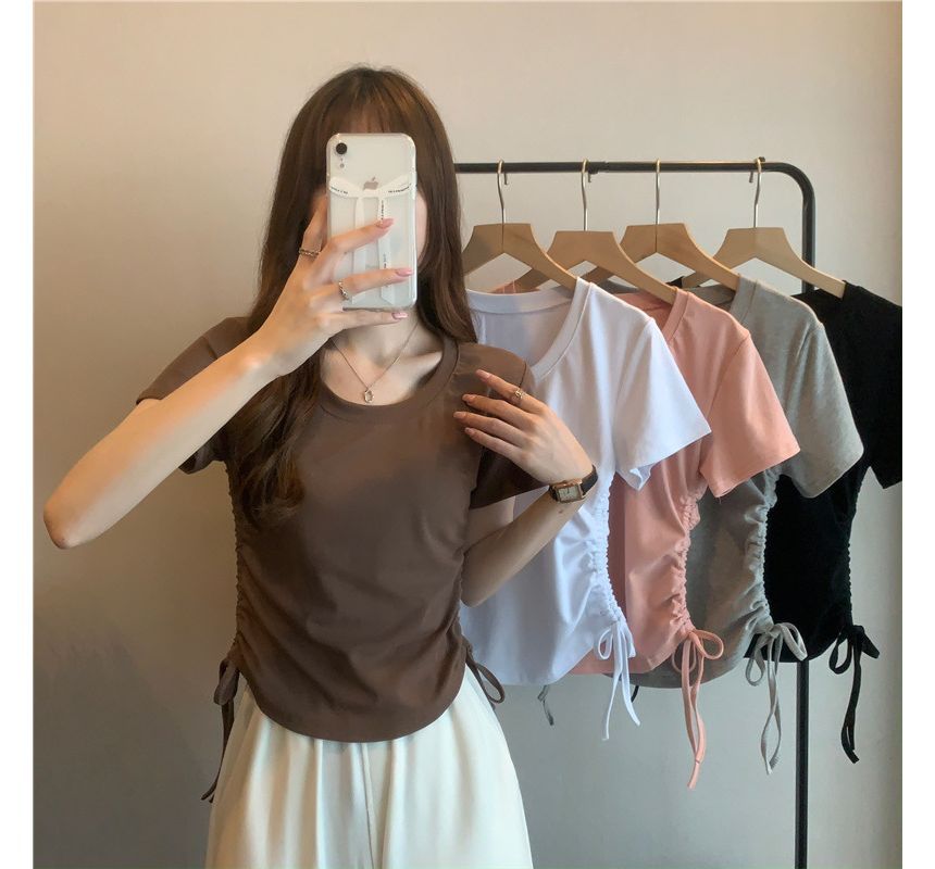 Plain Neck Drawstring Tee Short-Sleeve Crew