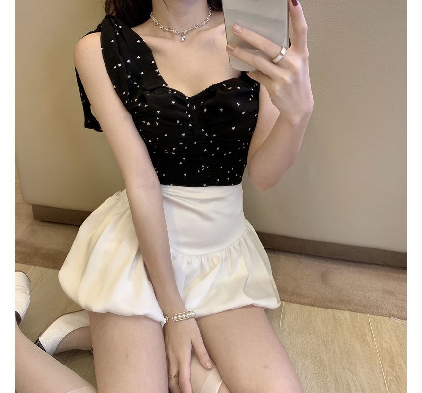 Heart Shoulder Camisole Ruched Print Top Tie