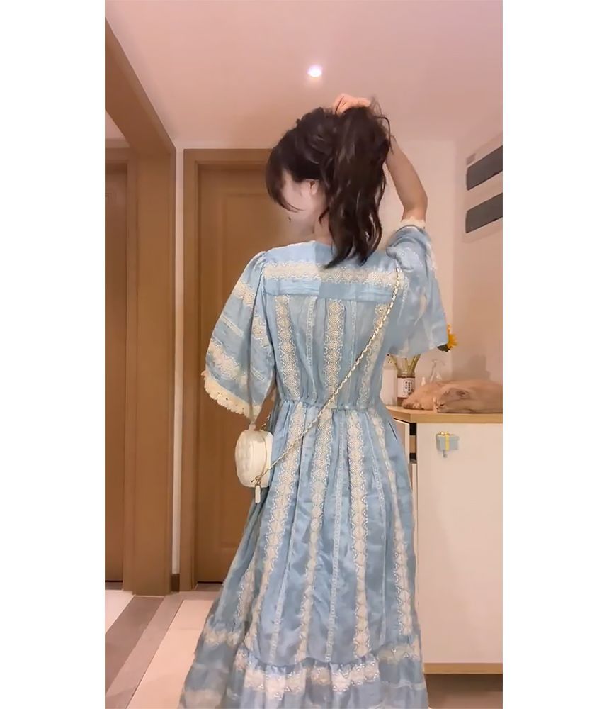 A-Line Dress Tassel Embroidered Panel V-Neck Midi Elbow-Sleeve