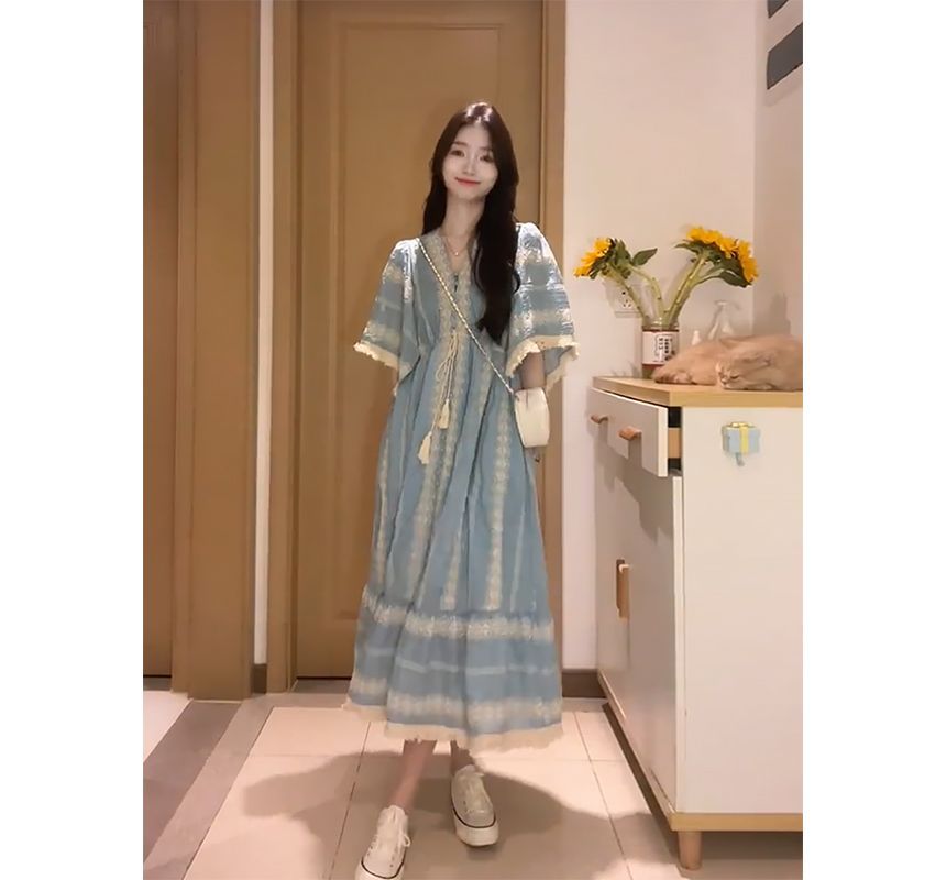 A-Line Dress Tassel Embroidered Panel V-Neck Midi Elbow-Sleeve