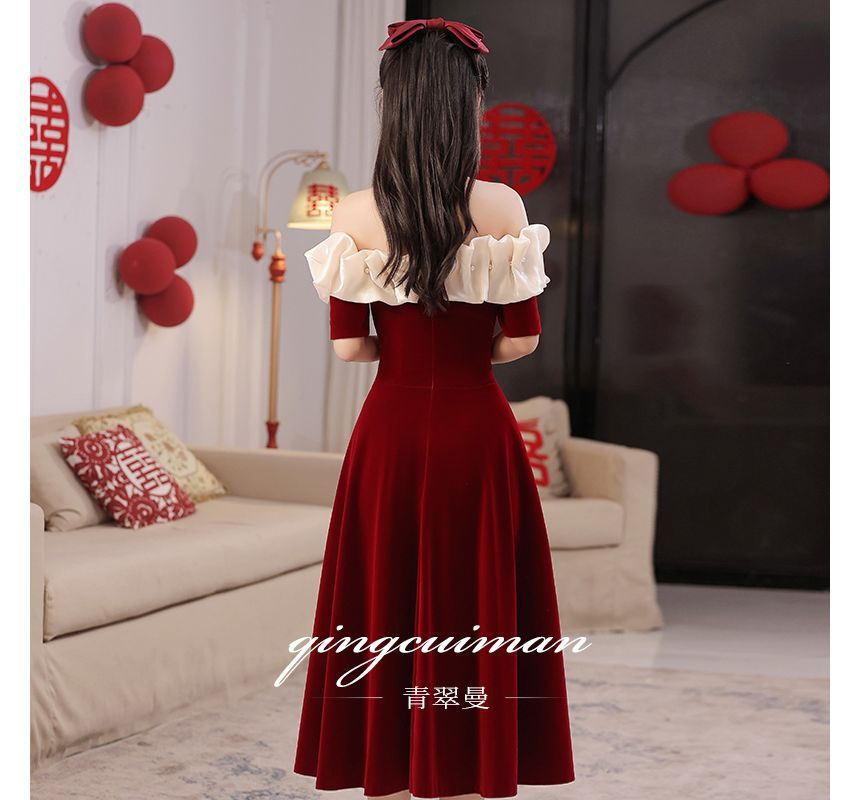 Short-Sleeve Off Shoulder Two Tone Midi A-Line Evening Dress