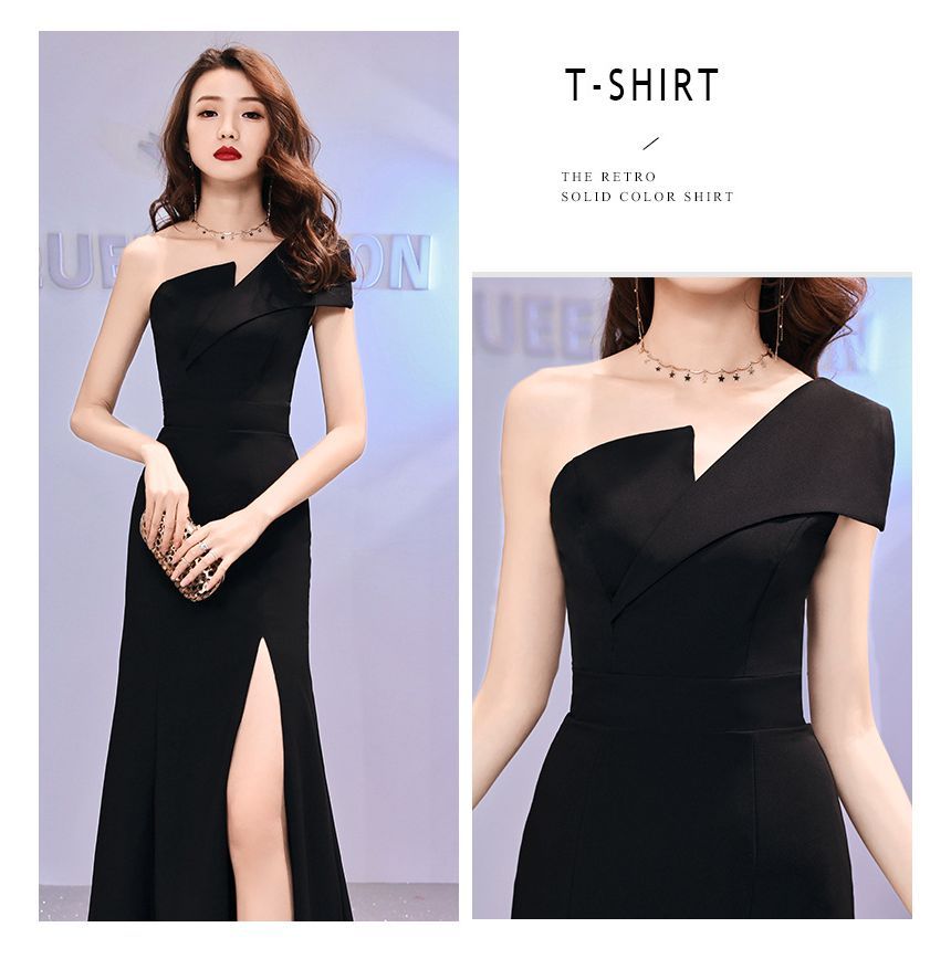 One-Shoulder Evening A-Line Gown Slit