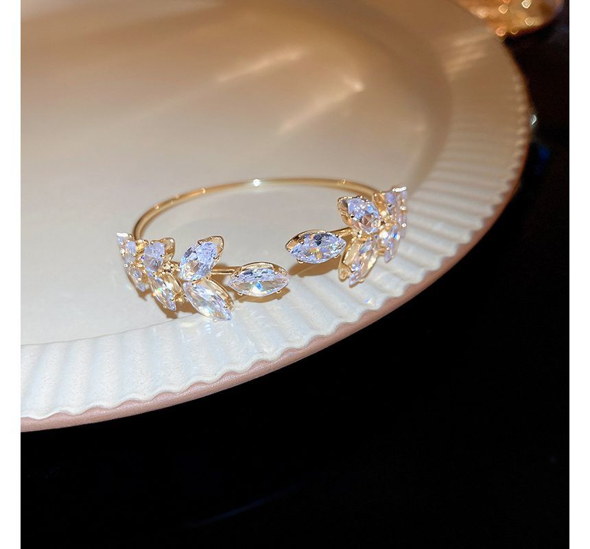 Leaf Alloy Open Rhinestone Bangle
