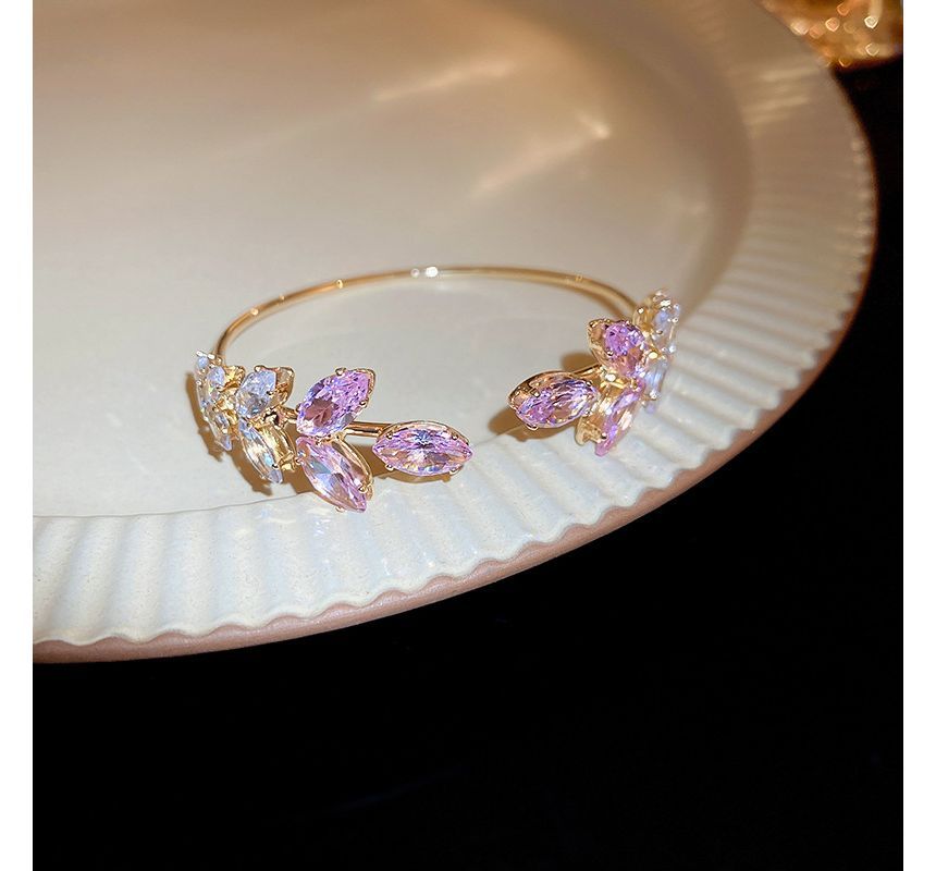 Leaf Alloy Open Rhinestone Bangle