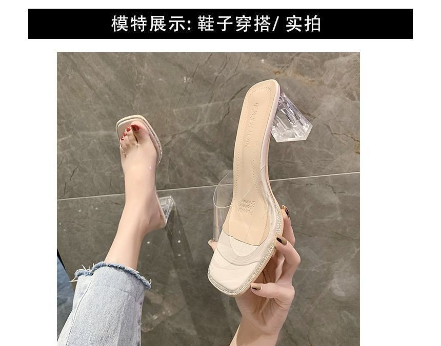 Slide Rhinestone Block PVC Heel Square-Toe Strap Sandals