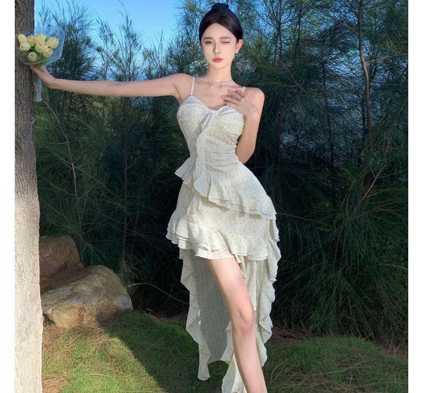 Maxi Trim A-Line Strap Floral Dress Ruffle Spaghetti