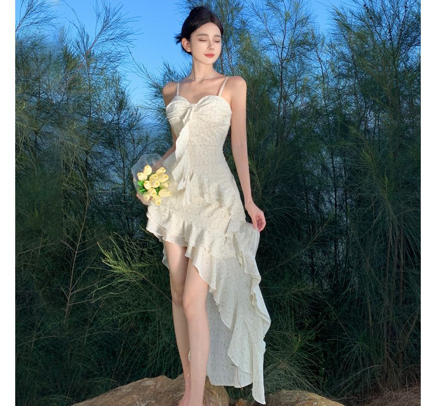 Maxi Trim A-Line Strap Floral Dress Ruffle Spaghetti