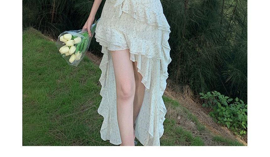 Maxi Trim A-Line Strap Floral Dress Ruffle Spaghetti