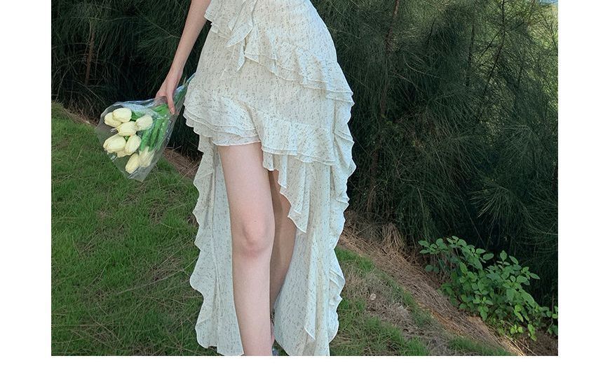 Maxi Trim A-Line Strap Floral Dress Ruffle Spaghetti