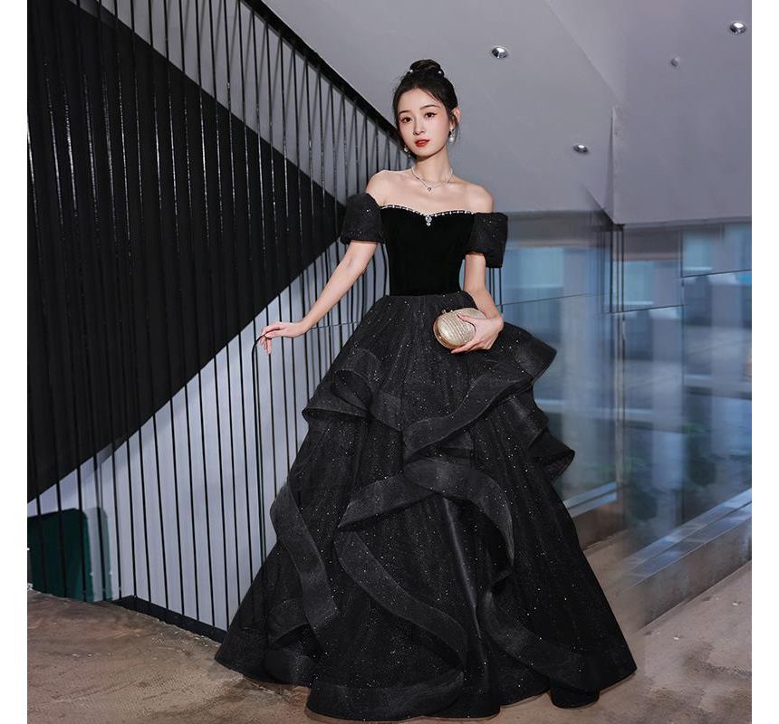 Glitter Shoulder Ruffle Rhinestone Velvet Off Panel A-Line Gown Evening Short-Sleeve