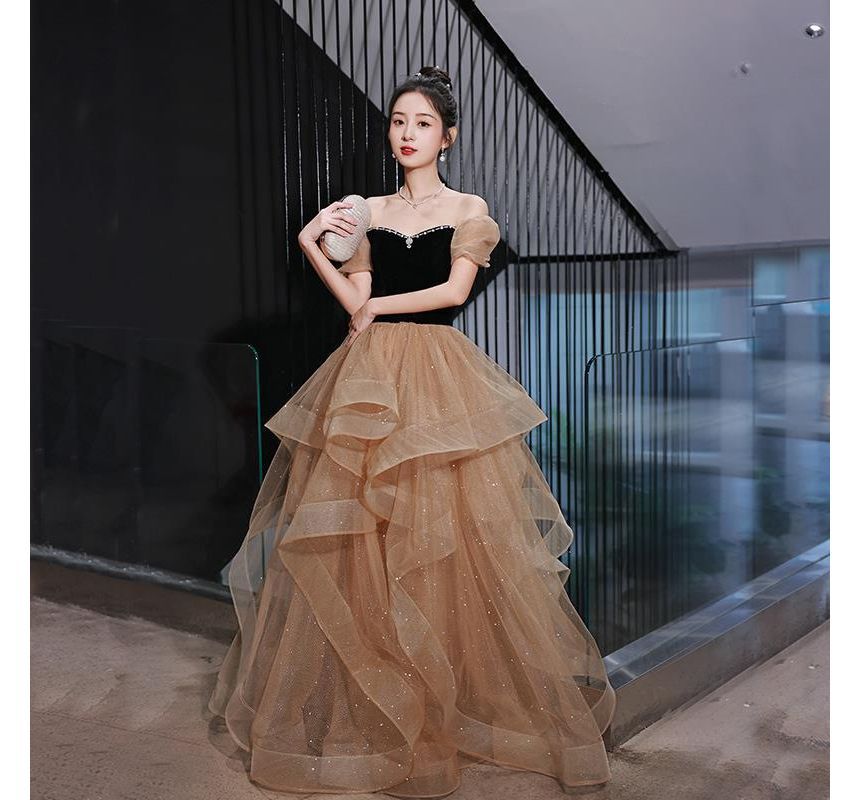 Glitter Shoulder Ruffle Rhinestone Velvet Off Panel A-Line Gown Evening Short-Sleeve