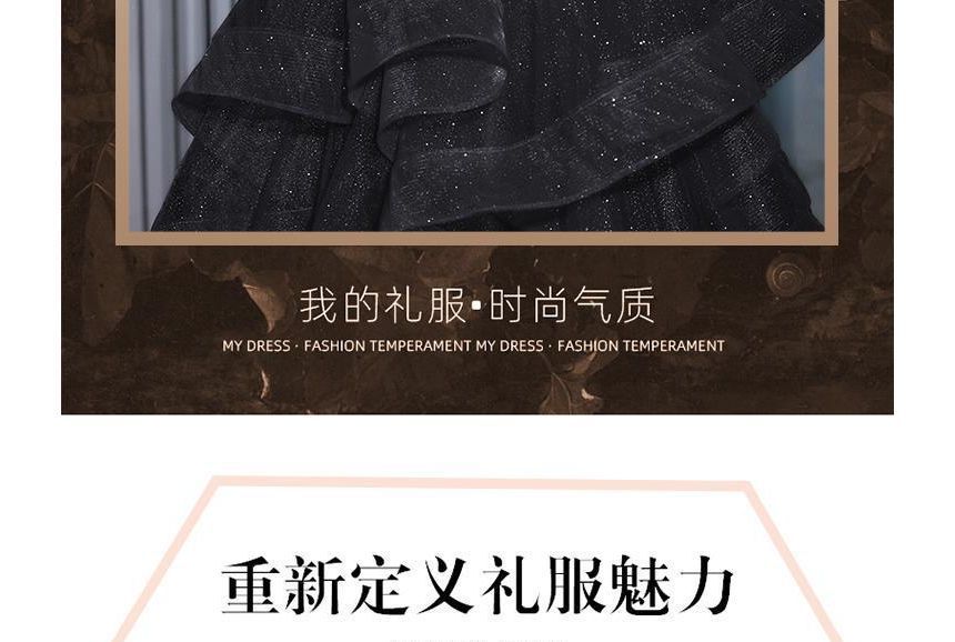 Glitter Shoulder Ruffle Rhinestone Velvet Off Panel A-Line Gown Evening Short-Sleeve