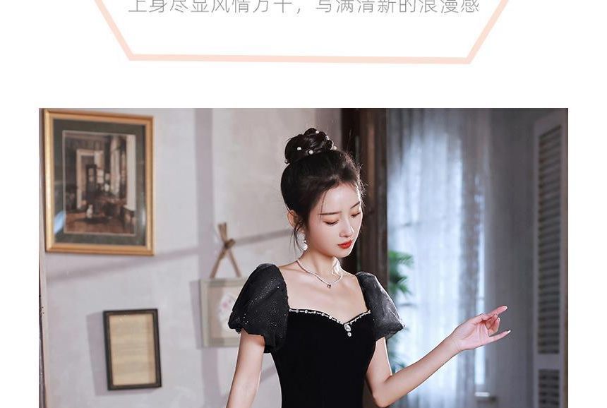 Glitter Shoulder Ruffle Rhinestone Velvet Off Panel A-Line Gown Evening Short-Sleeve