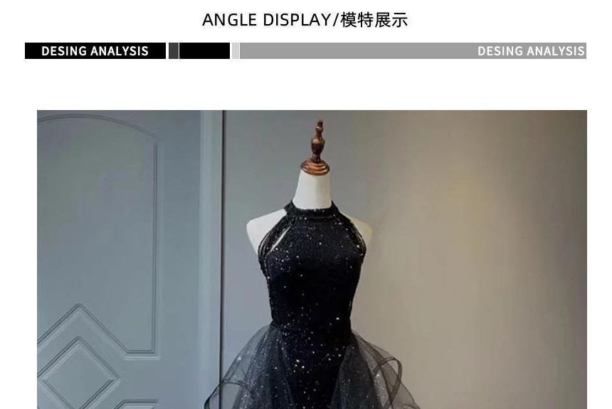 Sleeveless Plain Mesh Gown Beaded Glitter Ruffle Neck Panel A-Line Crew Evening