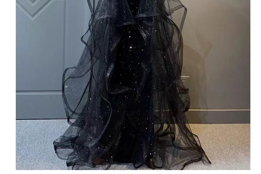 Panel Ruffle Sleeveless Glitter Plain Neck Beaded Gown Mesh A-Line Crew Evening