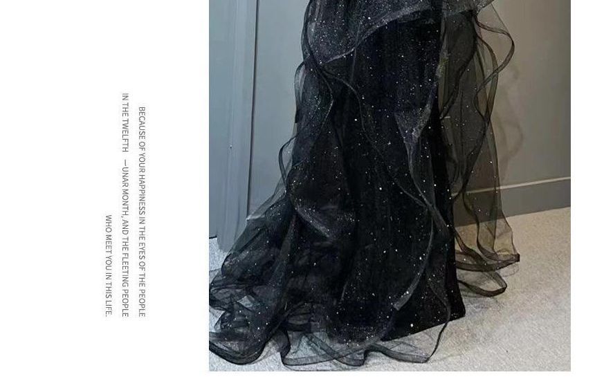 Panel Ruffle Sleeveless Glitter Plain Neck Beaded Gown Mesh A-Line Crew Evening