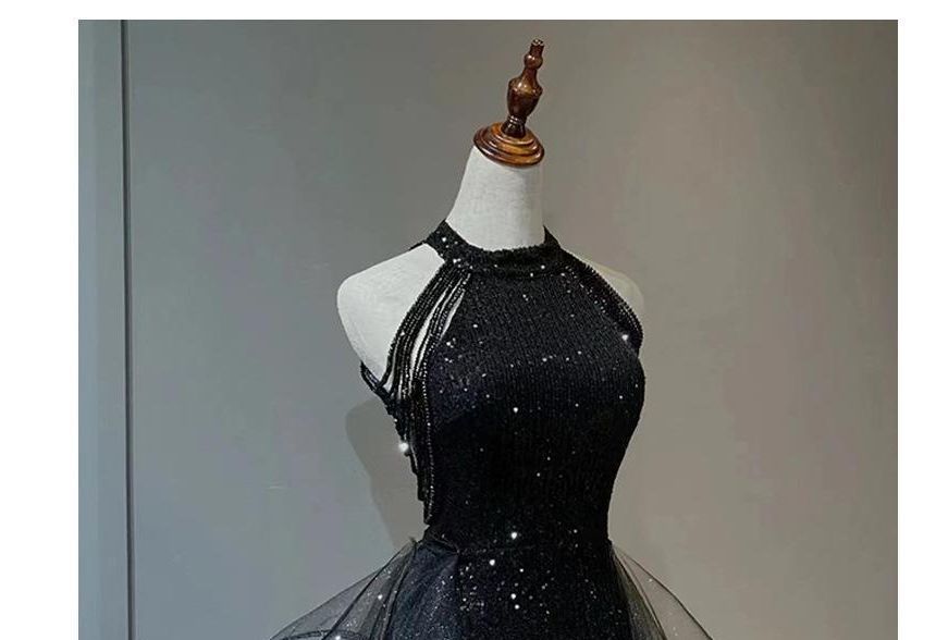 Sleeveless Plain Mesh Gown Beaded Glitter Ruffle Neck Panel A-Line Crew Evening